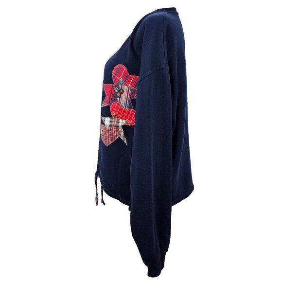 VTG Womens LG Sweater Open Cardigan Jerzees Patchwork Heart Navy Blue Applique - Picture 4 of 16